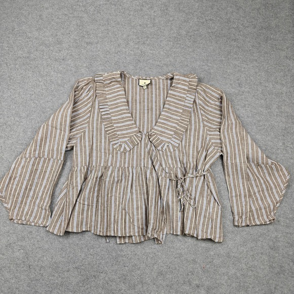 Tuckernuck Tops - Tuckernuck Blouse Womens XL Brown Stripe Ruffle V Neck Tie Waist Peplum Top